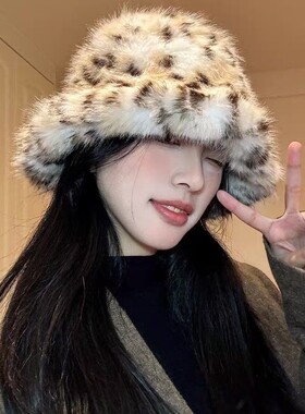韩国秋冬ins博主fever同款秋冬新款豹猫花纹毛绒显脸小渔夫水桶帽