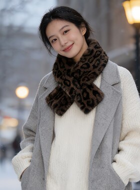 秋冬款豹纹毛绒围脖保暖百搭成人豹纹脖套韩版仿兔毛围巾女士围脖