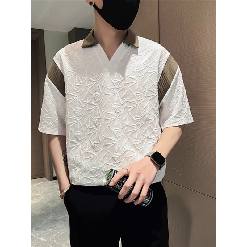 翻领痞帅polo男款短袖薄款衫潮牌半袖男士v撞色上衣夏季高级感T恤