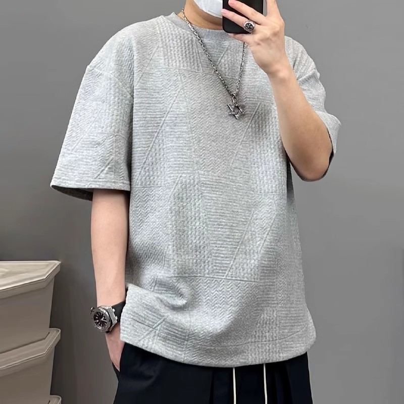 浮雕新款夏季压花印花男生兜T恤插圆领纹理隐藏式短袖宽松潮重磅