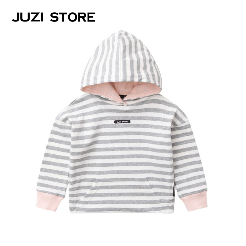 JUZI STORE童装秋季纯棉卫衣粗针条纹连帽套头衫男女童1013003