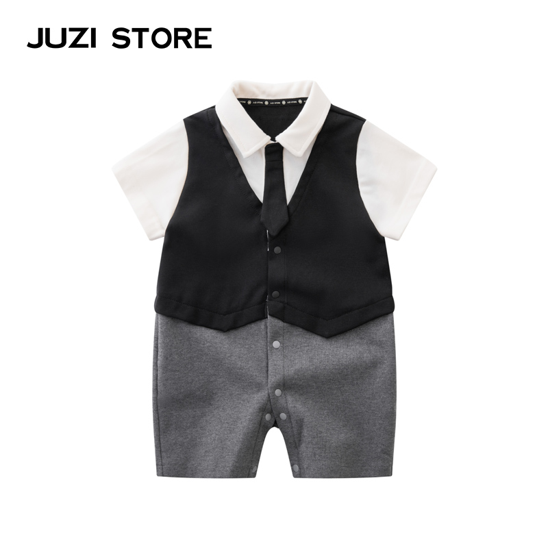 JUZI STORE童装罗马布学院风领带装饰婴儿连体衣服男女童1