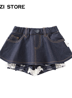 JUZI STORE童装假两件针织牛仔甜美网纱蝴蝶结裙裤女童1830606