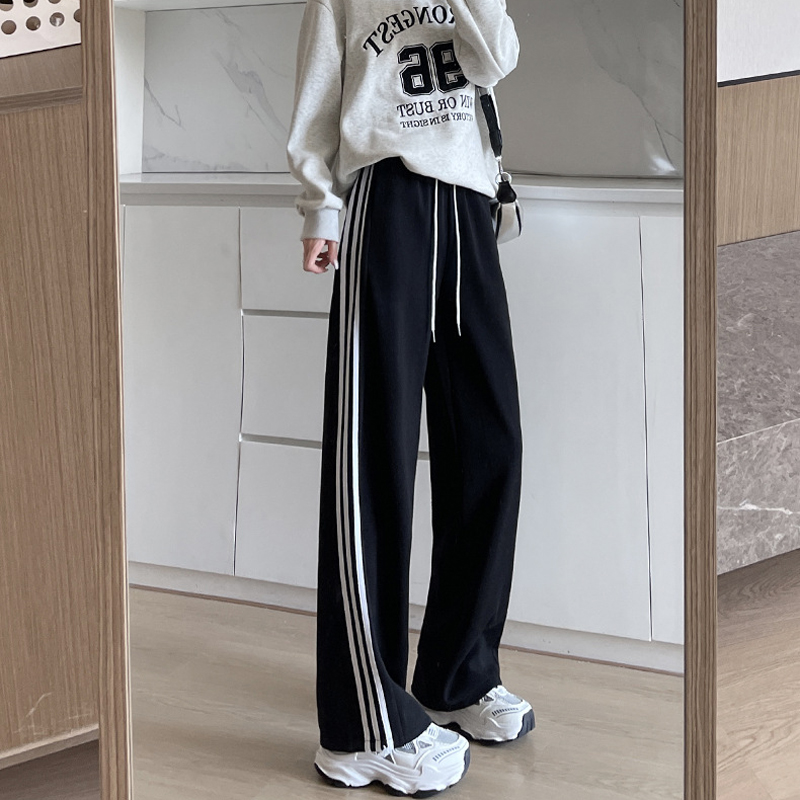 韩版条纹运动裤女春秋束脚阔腿裤高个子绒加长版初中生跑步卫裤子