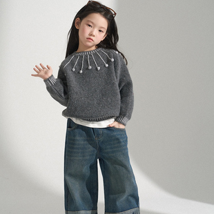 PISELLI史豌豆女童2025新款毛衣儿童羊毛混纺手工球球圆领针织衫