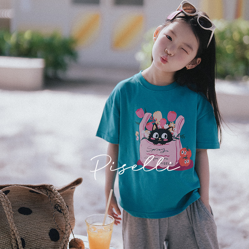 史豌豆童装女童2026夏季新款短袖t恤儿童圆领卡通印花休闲上衣潮