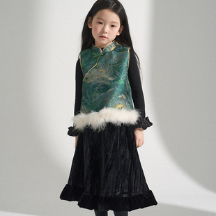 PISELLI史豌豆女童新中式鸵鸟毛旗袍马甲2026新年儿童拜年服外套