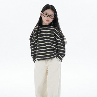 PISELLI史豌豆女童加厚双层绒条纹长袖上衣中大童保暖打底针织衫