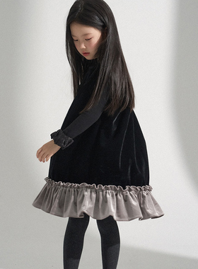 PISELLI史豌豆女童连衣裙2025新款小女孩高级丝绒撞色拼接小黑裙