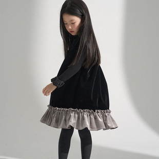 PISELLI史豌豆女童连衣裙2025新款小女孩高级丝绒撞色拼接小黑裙