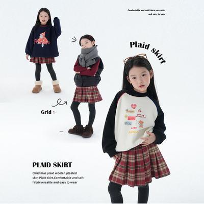 圣诞格子毛呢百褶半裙