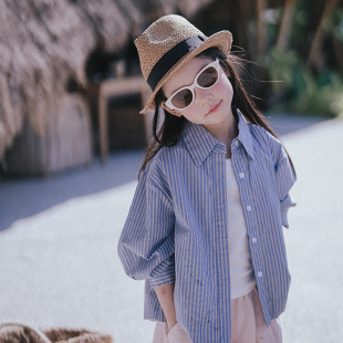 PISELLI史豌豆童装女童条纹衬衫2026春季新款中大童洋气翻领外套