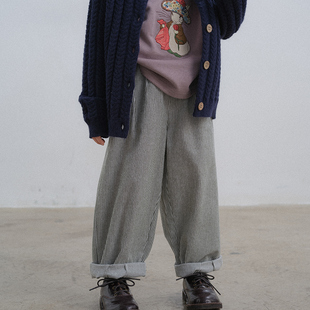 PISELLI史豌豆女童条纹裤秋季2025新款洋气中大童复古宽松休闲裤