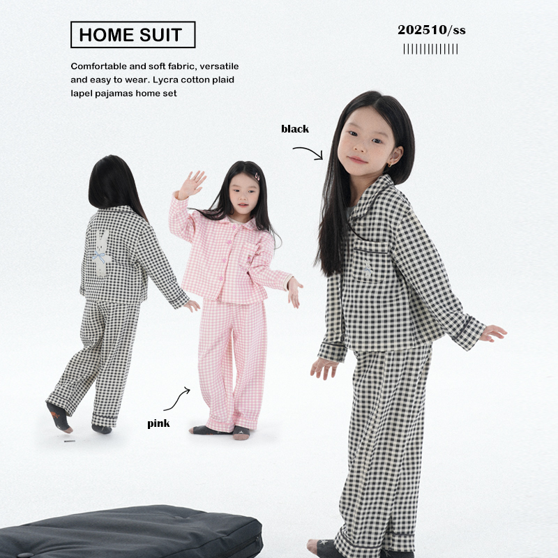 莱卡棉格子翻领睡衣家居套装