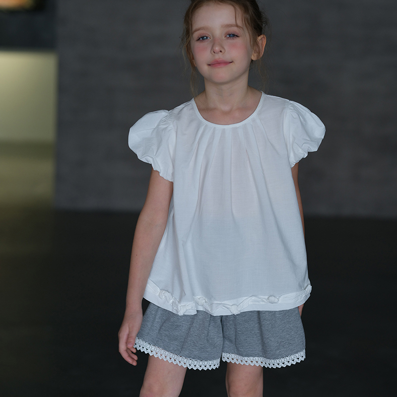 PISELLI史豌豆女童灯笼短袖t恤2025夏季新款洋气中大童休闲小衫