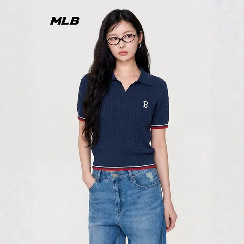 MLB女26新款修身短款针织POLO衫