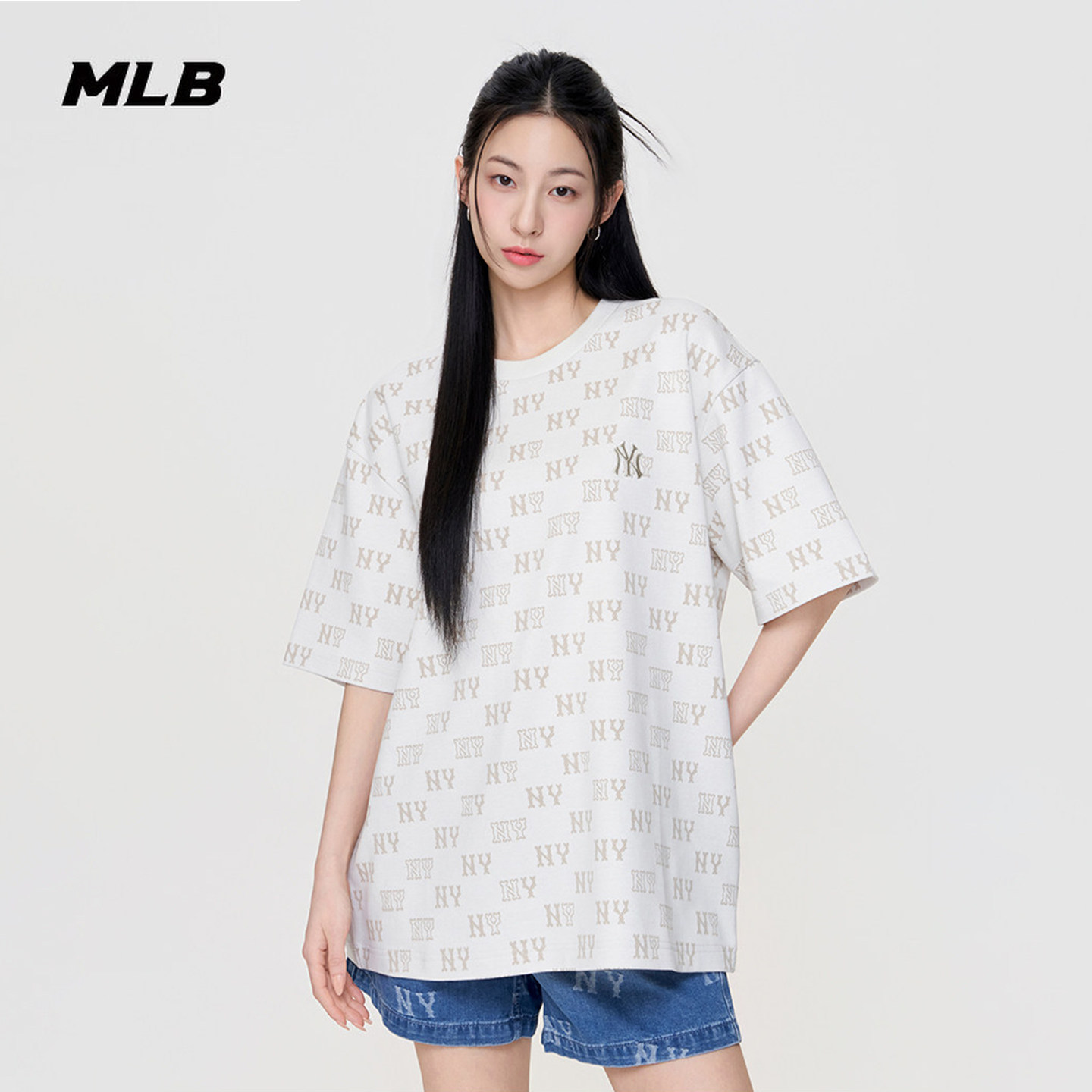 MLB短袖复古老花满印宽松情侣T恤图片
