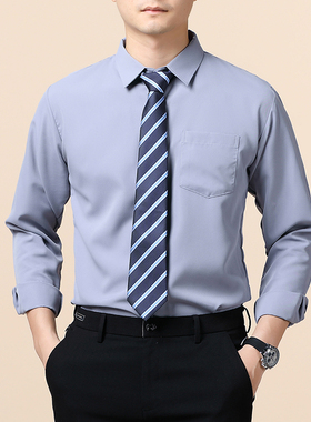 男士灰色长袖衬衫春秋款商务职业通勤正装工装免烫抗皱工作服领带