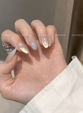 【A梦熠星河】超仙baby蓝色渐变星河纯手工穿戴甲蝴蝶结美甲成品