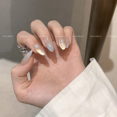 【A梦熠星河】超仙baby蓝色渐变星河纯手工穿戴甲蝴蝶结美甲成品