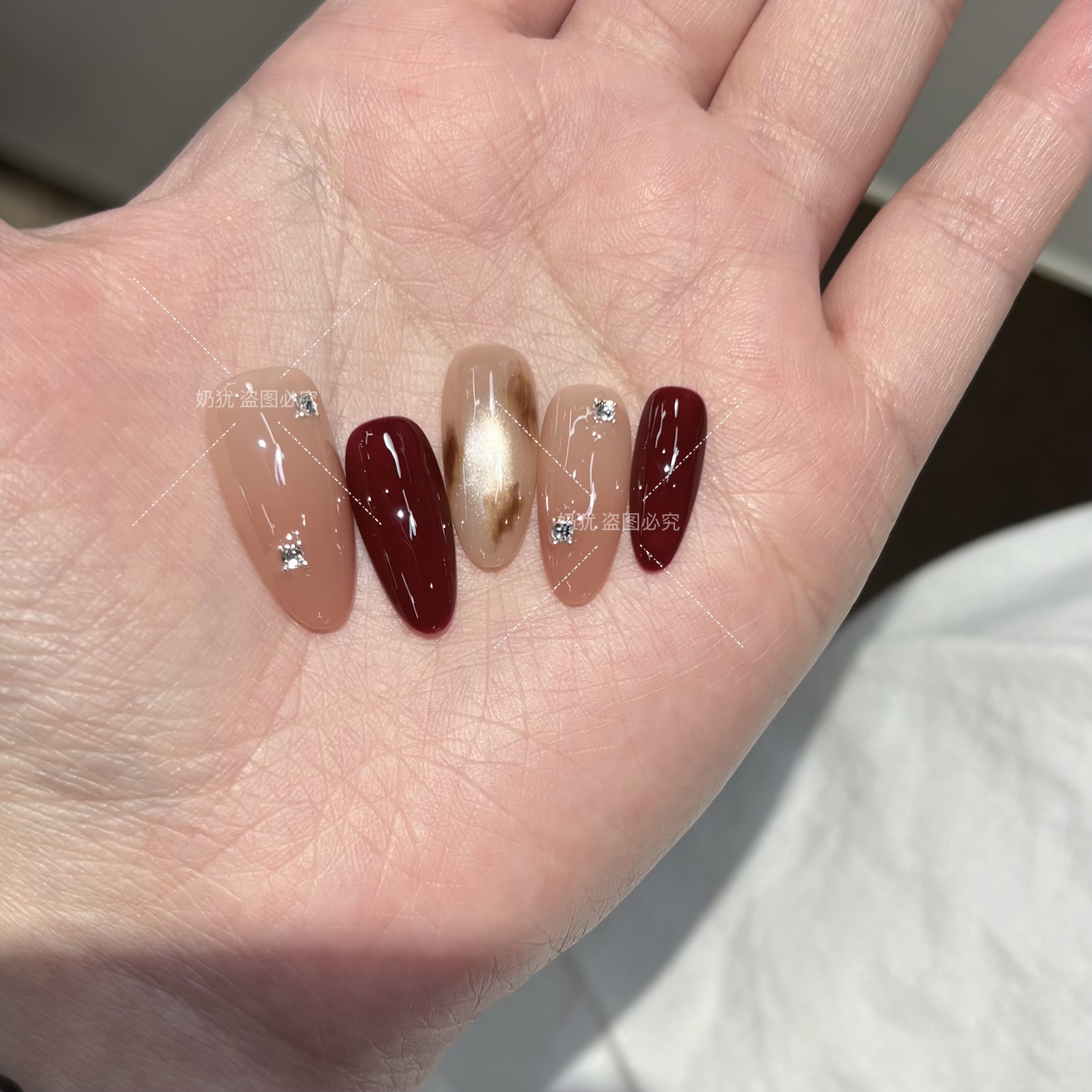 【邂逅】高品质浆果酒红手绘豹纹纯手工穿戴甲高级感裸色渐变显白