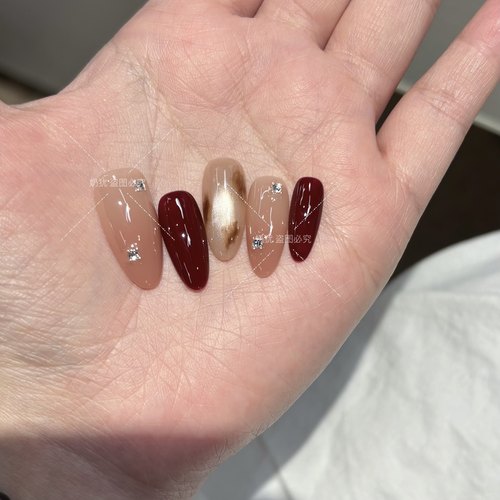 【A邂逅】高品质浆果酒红手绘豹纹纯手工穿戴甲高级感裸色渐变