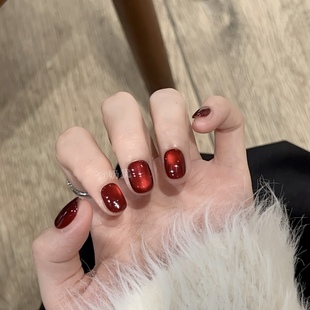 高品质纯手工复古牛血红玻璃珠猫眼穿戴甲美甲成品 A红宝石