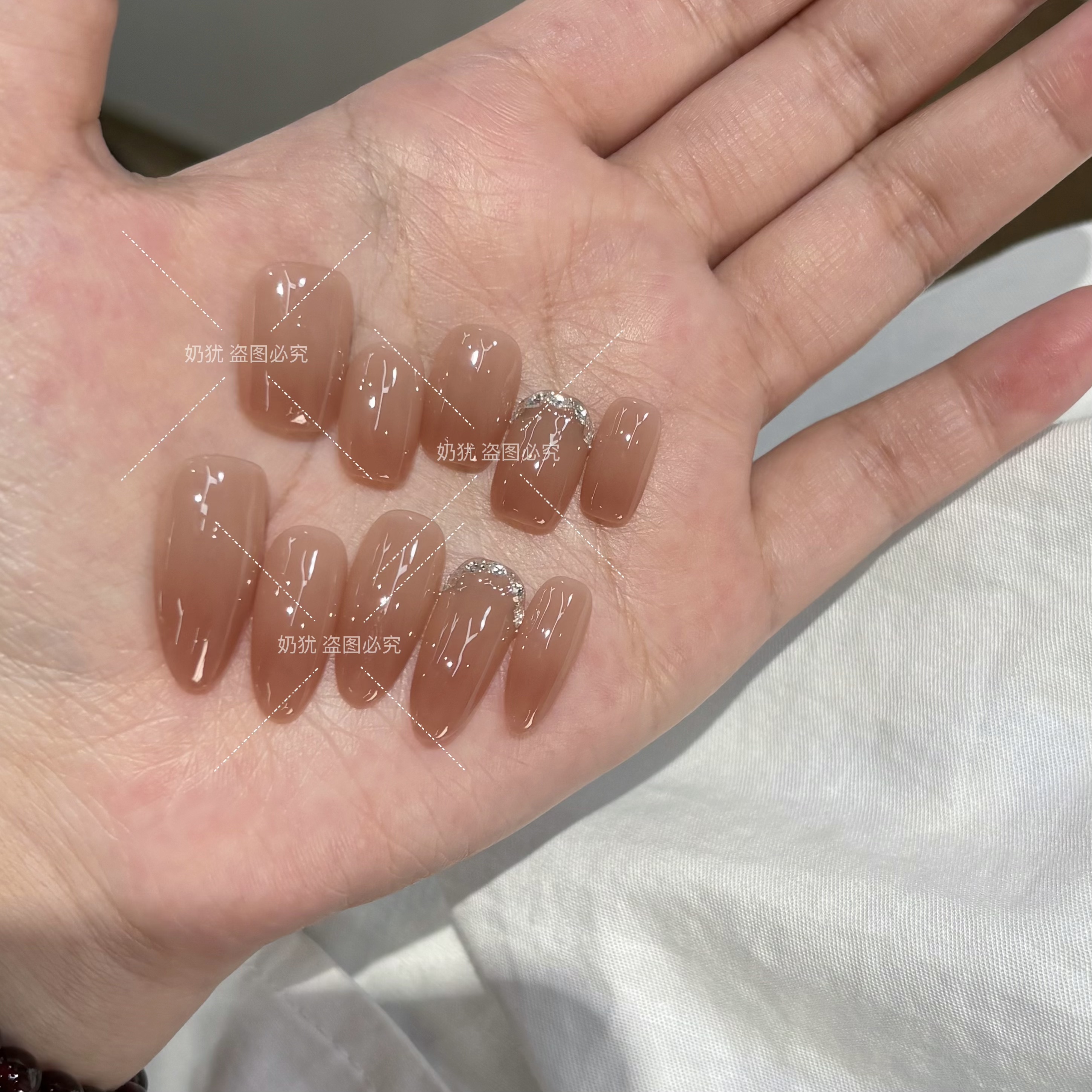 【暮色微澜】冰茶色渐变超闪锆石纯手工穿戴甲高级感美甲成品显白