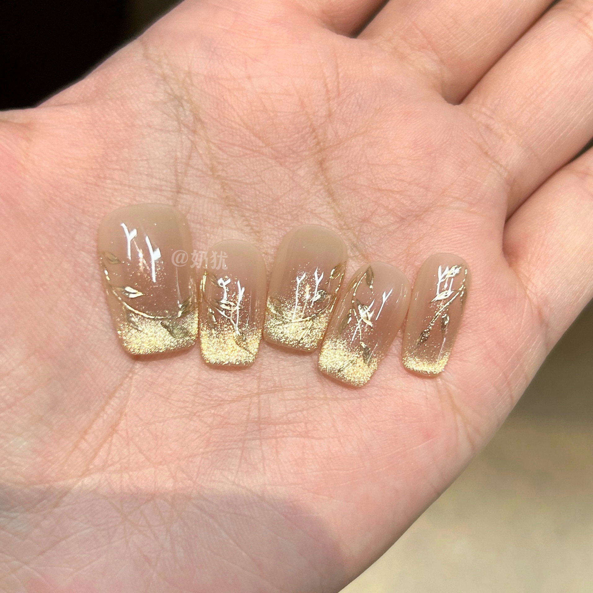 【A金叶缠枝】高品质富家千金超亮金色猫眼手绘枝叶纯手工穿戴甲