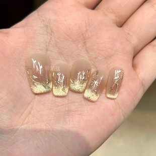 高品质富家千金超亮金色猫眼手绘枝叶纯手工穿戴甲 A金叶缠枝