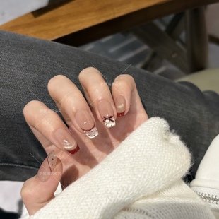 波点蝴蝶结纯手工穿戴甲美甲产品 超显白酒红丝带法式 叛逆甜心