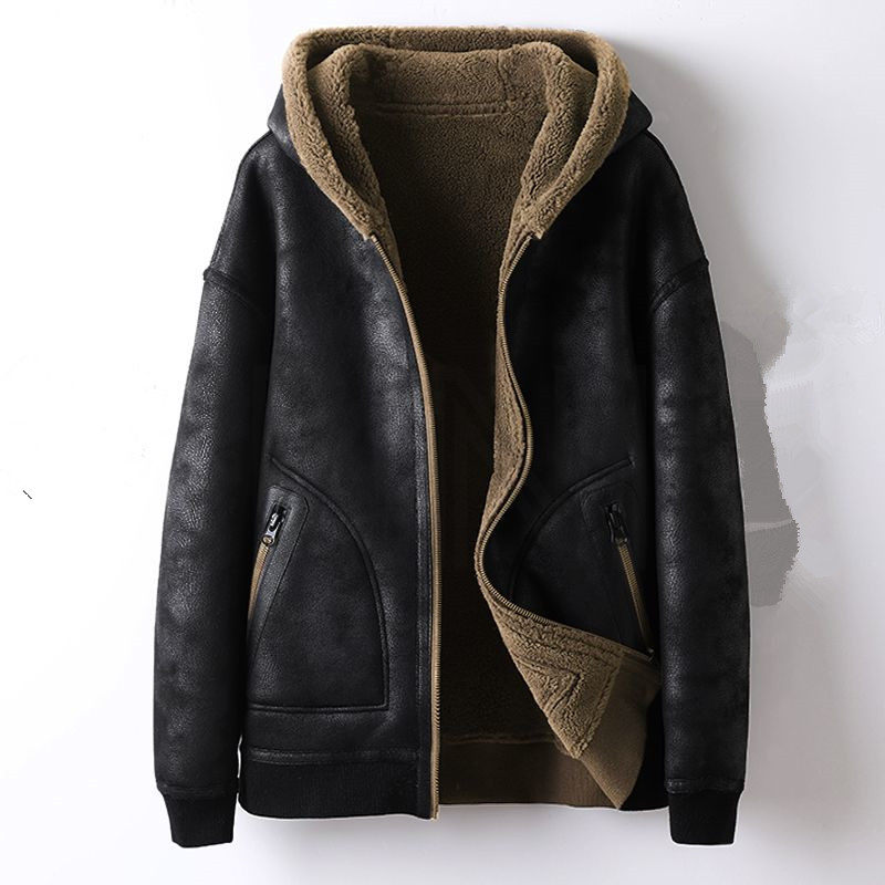 新款立翻领款两面穿机车服外套加绒皮毛一体外套男皮草羊毛夹克服