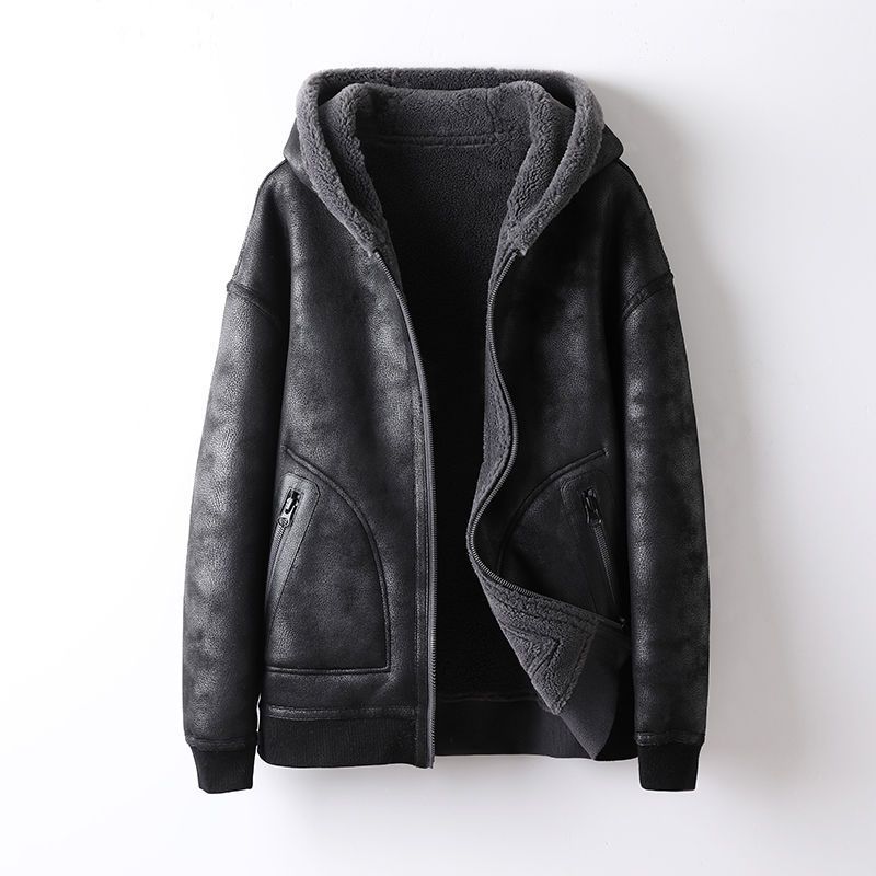 新款立翻领款两面穿机车服外套加绒皮毛一体外套男皮草羊毛夹克服