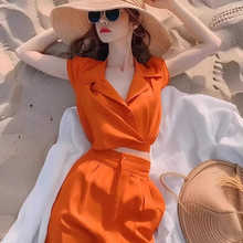 夏日多巴胺五一出游穿搭橘色衬衫女装套装裤轻奢高级感女人味时尚