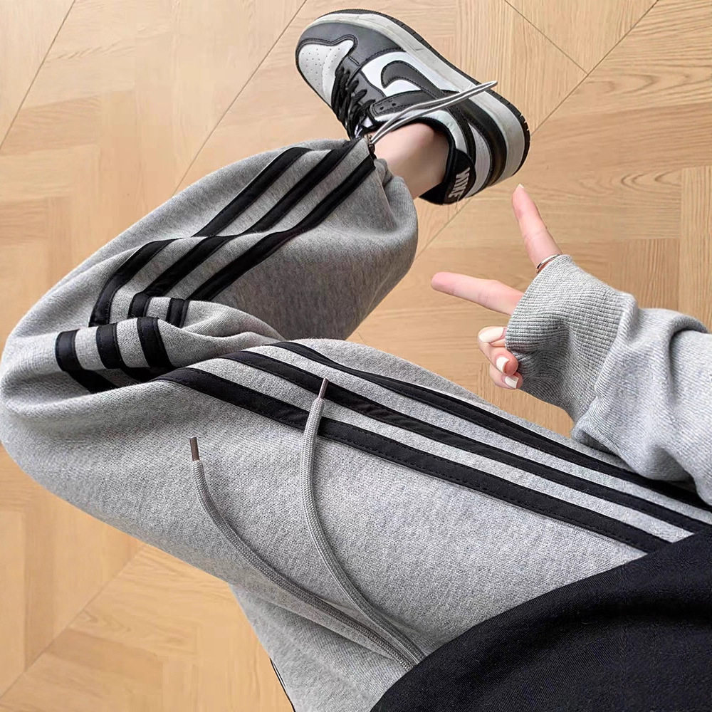 浅灰色美式运动裤女春秋高腰宽松束脚小个子休闲条纹直筒阔腿卫裤,女装/女士精品,卫裤,淘宝优惠券,粉丝福利购,淘宝优惠卷