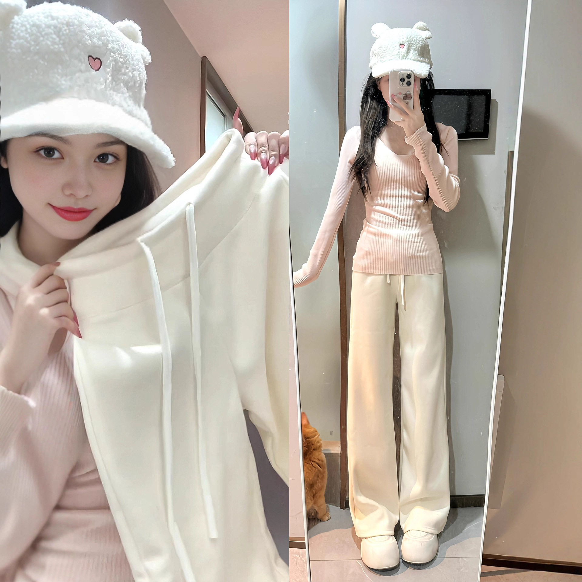 米白色加绒阔腿裤女秋冬2025新款高腰窄版显瘦直筒休闲运动卫裤子,女装/女士精品,卫裤,淘宝优惠券,粉丝福利购,淘宝优惠卷