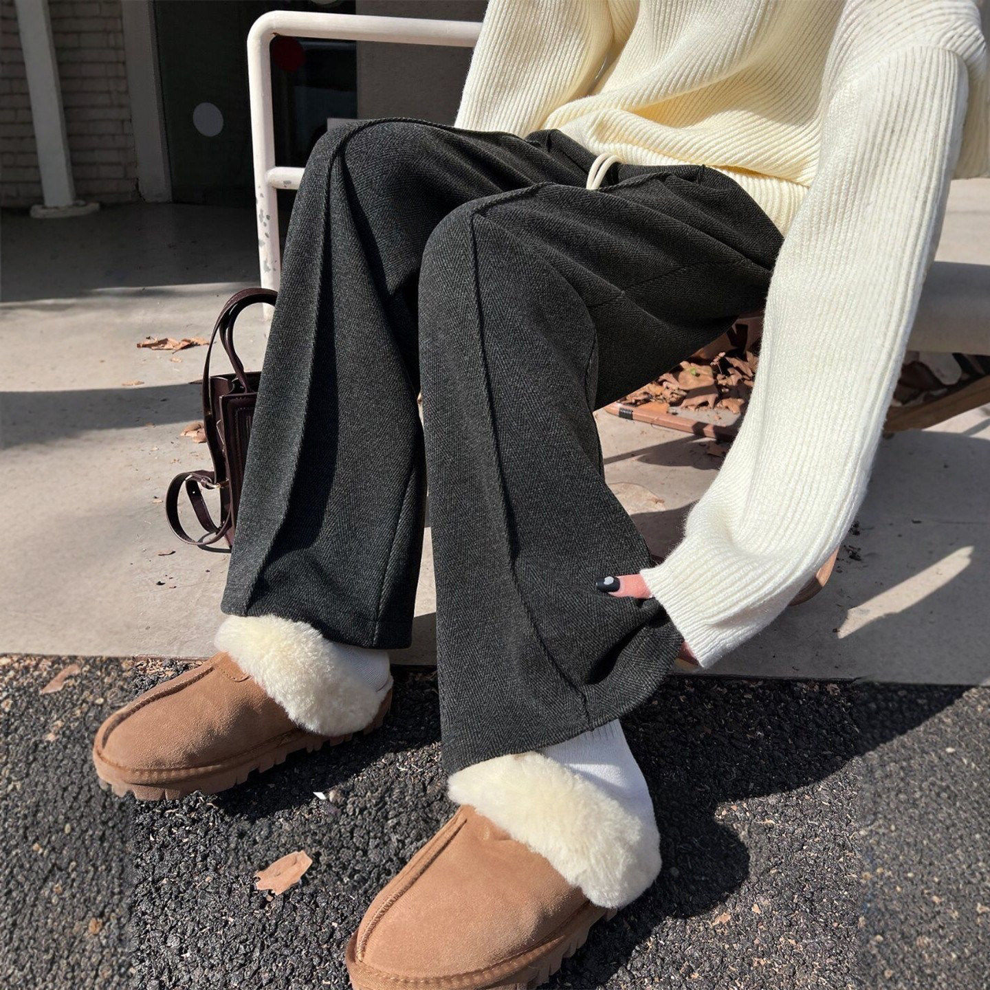 灰色窄版阔腿裤女秋冬季人字纹毛呢香蕉卫裤直筒宽松羊毛加绒裤子,女装/女士精品,卫裤,淘宝优惠券,粉丝福利购,淘宝优惠卷
