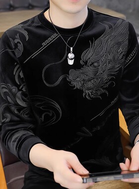 高端品牌卫衣男圆领修身潮牌烫钻金丝绒2026春季新款男士黑色T恤