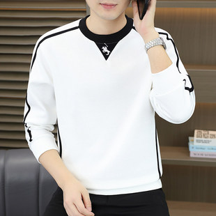 2025春秋新款白色卫衣男圆领修身休闲百搭品牌高端打底衫男士上衣