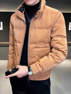 高端羽绒服男橙色短款修身立领冬季新款鸭绒保暖男士休闲夹克外套