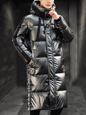 加绒加厚中长款羽绒服连帽亮面