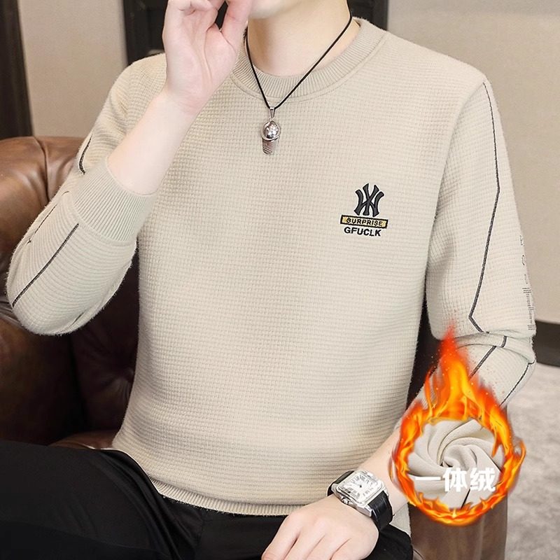 高端羊毛衣男加绒加厚冬新款圆领修身潮牌刺绣男士品牌羊绒打底衫