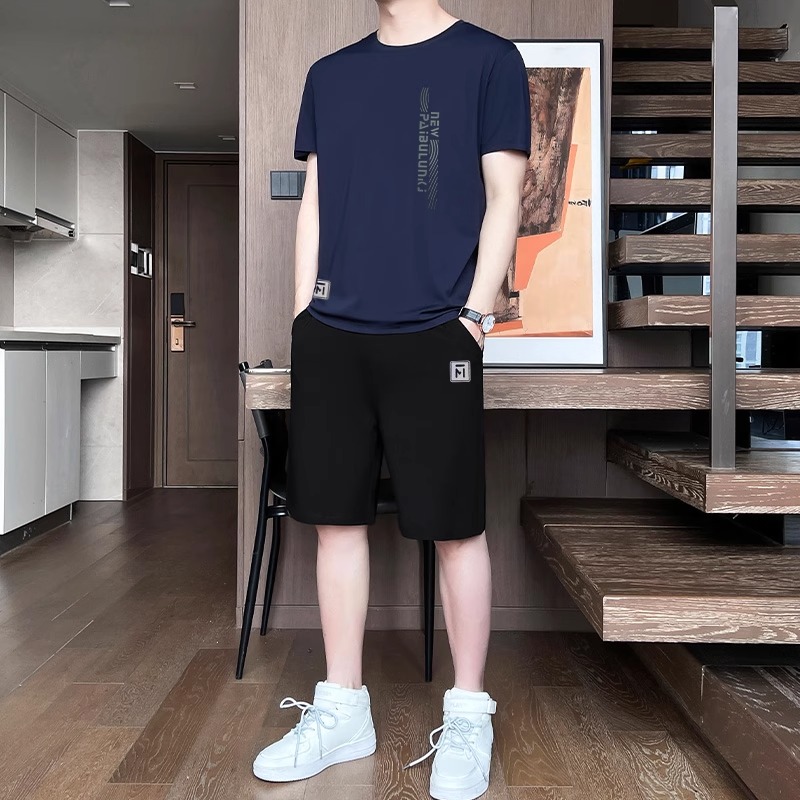 高端冰丝跑步运动休闲套装男薄款透气速干大码短袖短裤男士两件套