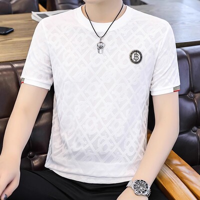 高端冰丝短袖T恤男圆领修身白色