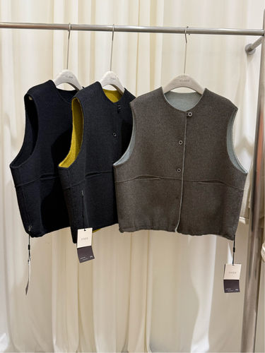 2026秋冬新款双面羊毛大衣女马甲短款小个子圆领宽松羊毛马夹套装