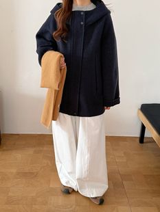 2025新款学院风韩系藏青色连帽双面羊绒大衣女中长款厚羊毛呢外套