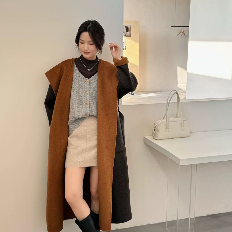 2025秋冬新款女灰紫双面羊绒毛呢外套