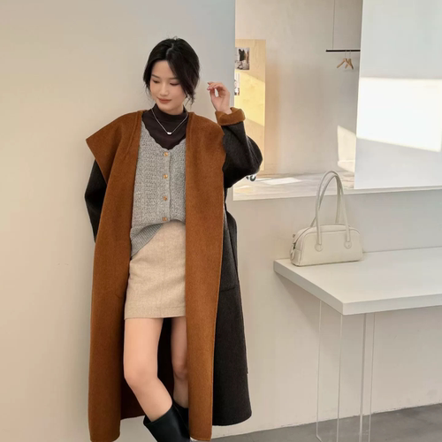 2025秋冬新款女灰紫双面羊绒大衣女中长款连帽系带羊毛大衣呢外套