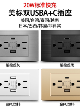 台湾美标手机20W快充电Typec插座16A六孔USB面板118型美式