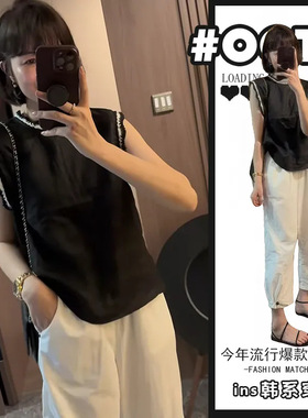 胖东来法式拼接花边领无袖背心马甲夏季独特漂亮短上衣白色阔腿裤